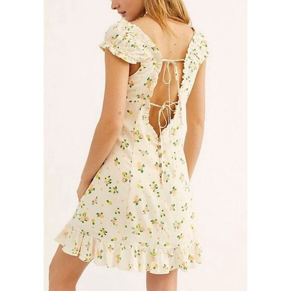 NEW! Free People Like a Lady Citrus Lemon Print Summer Dress Linen Blend Ivory L - Picture 1 of 14